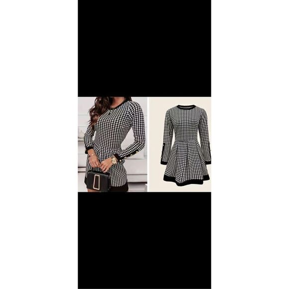 Houndstooth print dress elegant crewneck long sleeve tucked dress. Size 12 - Picture 3 of 10